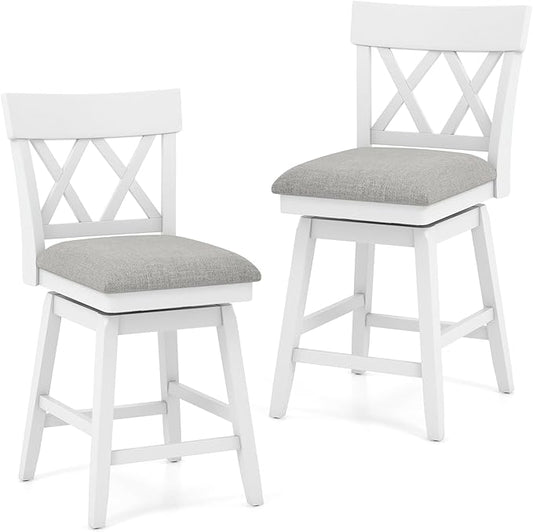 COSTWAY Bar Stool Set of 2 for Kitchen Island, 26" Counter Height Chair with Ergonomic Backrest, Foot Rest, Padded Seat & Solid Wood Structure, 360°Swivel Farmhouse Barstool with Back