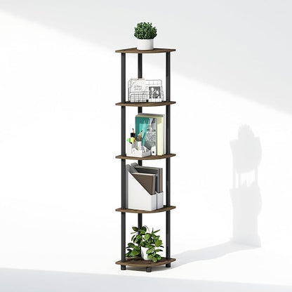 Furinno Turn-N-Tube Corner Shelf, 5-Tier Corner Display Rack, Shelving Unit, for Organization and Storage, Living Room, Home Office, Garage, Bedroom, Columbia Walnut