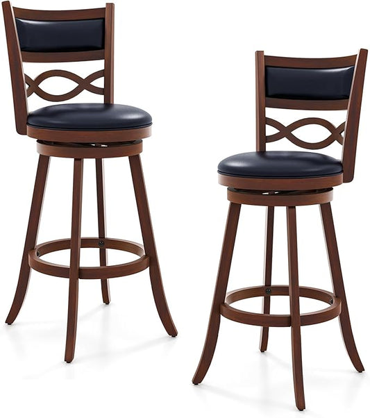 COSTWAY Bar Stools Set of 2, 29.5” Bar Height Stools with Rubber Wood Frame, Faux Leather Upholstered Seat and Backrest, Swivel Barstools for Kitchen Island, Pub, Brown (2, Seat Height: 29.5”)