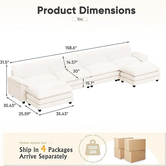 Furniwell Modular Sectional Sofa with Moveable Ottoman, Oversized 3-Seater Couch with Supportive Backrest, Chenille Convertible Sofa Couches for Living Room/Apartment (Whtie, U Shaped)