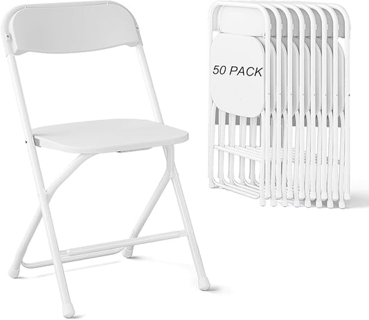 50 Pack Folding Chairs, Heavy Duty White Plastic Stackable Event Chairs for Indoor Outdoor, 350lb Capacity Portable Commercial Banquet Chairs for Wedding, Party, Office