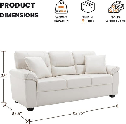 Morden Fort Faux Leather Sofa Couch, Modern Luxury Furniture with Removable and Easy to Clean Cushions, Skin-Friendly Wide Arm Comfy 3 Seater Couch for Living Room Apartment Office Lounge, White