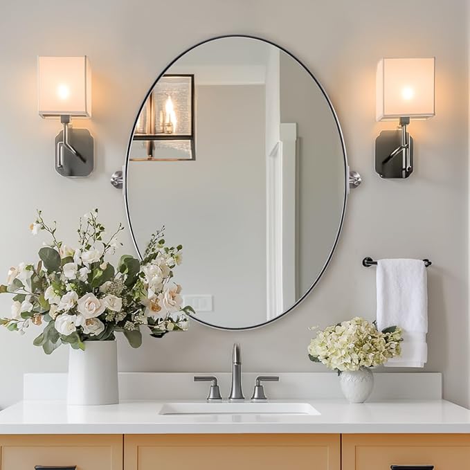 ANDY STAR Brushed Nickel Bathroom Mirror, 24 x 32 Inch Oval Pivot Mirror for Wall, Unique Farmhouse Tilt Mirror in Slim Silver Stainless Steel Metal Frame for Bedroom, Powder Room