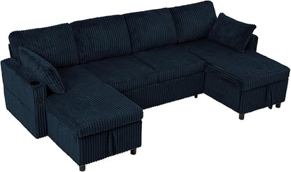 110" Corduroy Pull Out Sofa Bed w/Adjustable Backrests, Sectional U-Shape Sleeper Sofa w/Storage Chaise, Convertible Couch Bed w/USB Charging Port & Cup Holders for Living Room, House, Blue