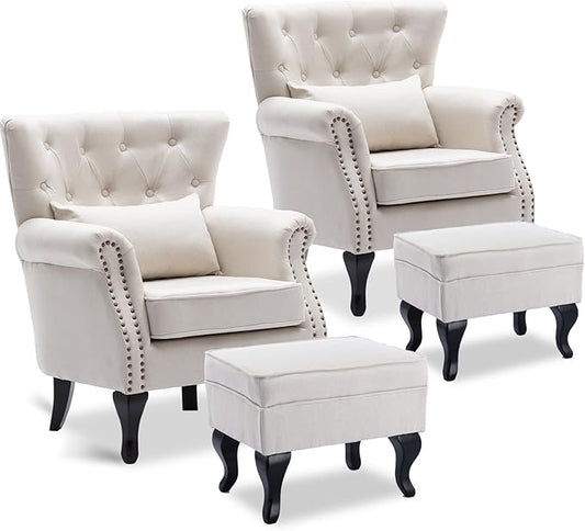 Accent Reading Arm Chairs with Ottoman Set of 2 for Living Room Bedroom, Midcentury Modern Corner Sofa Chair, Wingback Waiting Room Club Chair with Tufted Back &Lumbar Pillow, Linen Beige