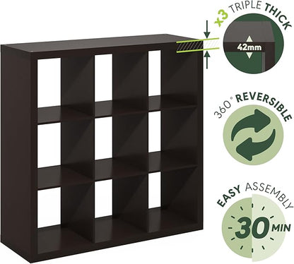 Furinno Cubicle Book Shelf, 9-Cube Bookshelf, Triple Thick Frame Cube Storage Organizer, Bookcase, 15.4 x 43.8 x 43.4, for Home Office, Living Room, Black Oak