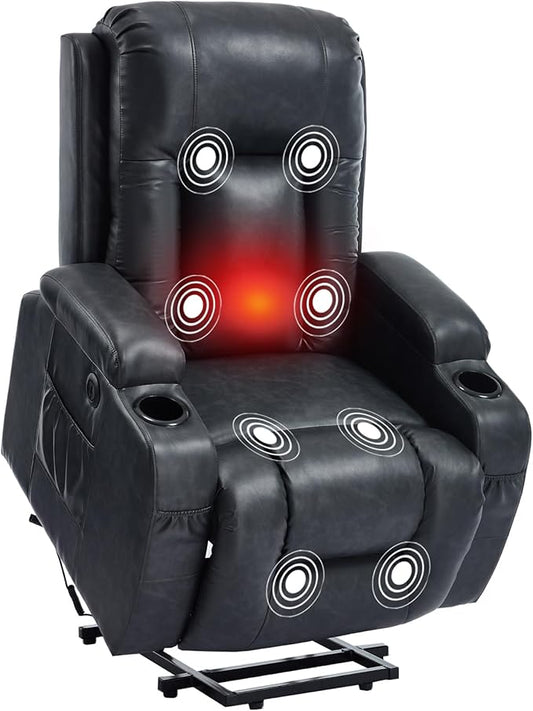 PELUMY Manual Lift Recliner Chair for Elderly with Massage & Heat, Oversized Heavy Duty 350 lbs Recliner with Cup Holders & USB Ports, Infinite Positioning Lift Chair (Breathable Leather, Dark Grey)