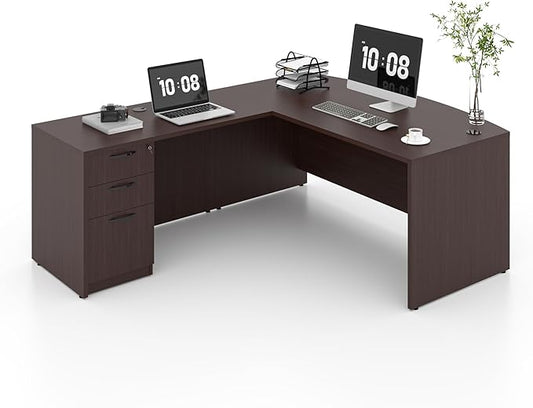 82.67" x 66.93" Bow Front L-Shaped Executive Desk with 3-Drawer File Cabinet (Espresso)