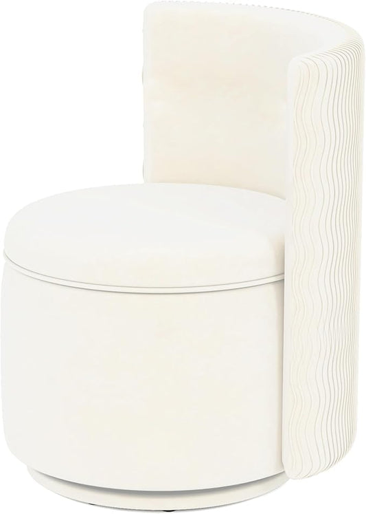 360° Swivel Accent Chair with Storage, Vanity Stool with Back, Velvet Storage Ottoman, Upholstered Round Barrel Vanity Chair for Living Room, Makeup Room, Bedroom (White High-Back)