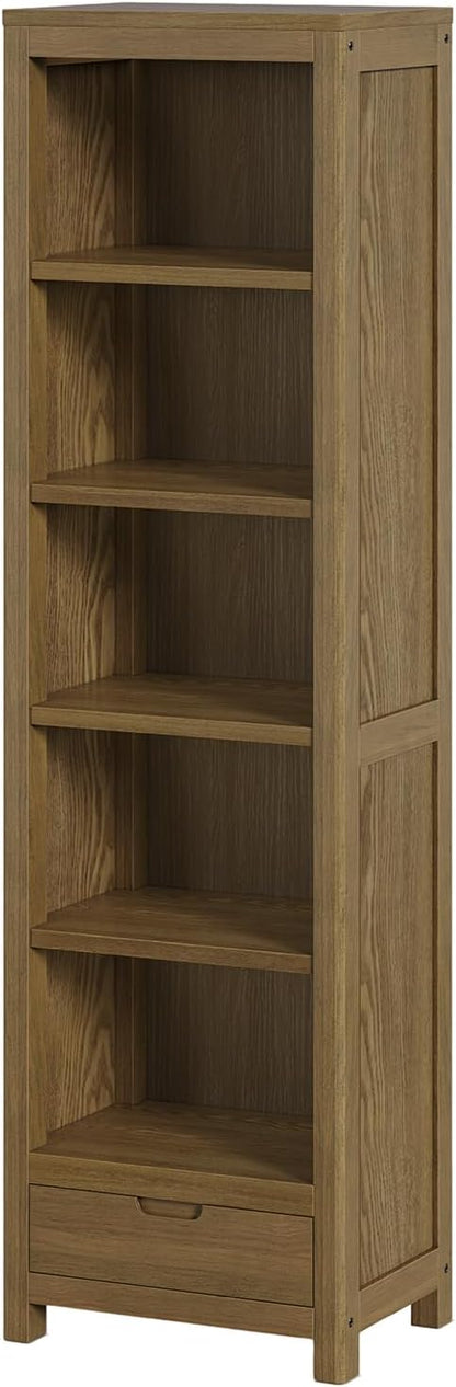 TVU 5-Tier Solid Wood Bookshelf with Drawers, 72-inch Tall Standing Bookcase, 17.7" Wide Open Display Shelf for Living Room, Study, Office Storage, Deep Wood Color