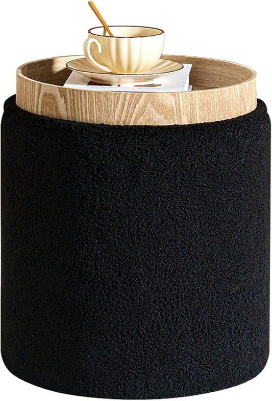 PINPLUS Storage Ottoman Round Boucle Ottoman with Tray, Teddy Velvet Footstool Cube for Living Room, Bedroom, Dorm 13.4"x13.4"x15" (Black)