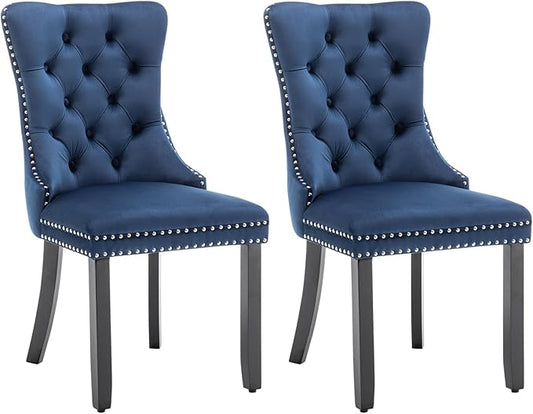 Velvet Dining Chairs Set of 2, Tufted Dining Room Chairs with Nailhead Ring Pull Trim, Upholstered Dining Chairs with Solid Wood Legs for Kitchen Dining Room (Blue)