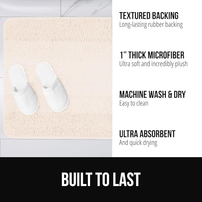 GORILLA GRIP Ultra Soft Plush Bathroom Rugs with Textured Rubber Backing, Absorbent Quick Dry Bath Mat, Machine Washable Shower Mats, Home Décor Accessories Bathmat Rug Essentials, 24 x 16 Ivory