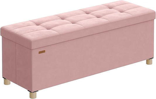 SONGMICS Storage Ottoman Bench, Folding Storage Chest, 15 x 43.3 x 15.7 Inches, Foot Rest Stool, 30 Gal. (112 L), Velvet Surface, for Bedroom, Entryway, Living Room, Jelly Pink ULSF0518R02