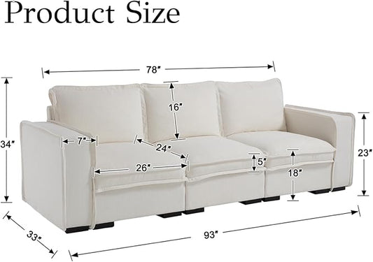 EALSON 93 Inch Modular Sectional Sofa Modern Comfy 3-Seater Couch Sofa Linen Fabric Upholstered Cloud Couches with 24" Deep Seat and Wooden Legs for Bedroom/Living Room/Office, White