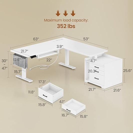 SEDETA L Shaped Electric Standing Desk with File Cabinet, 63 x 53'' Height Adjustable Home Office Computer Desk with Drawers, Power Outlet, Stand up Gaming Table with Led Lights, Keyboard Tray, White