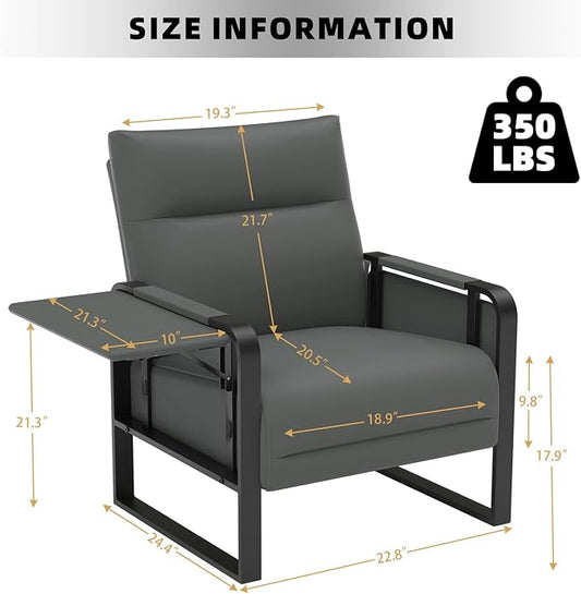 Faux Leather Accent Chair, Upholstered Armchair with Side Tray & Pocket, Comfy Reading Chair for Living Room, Bedroom, Guest Room, Gray