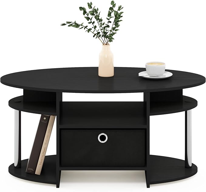 Furinno Jaya Simple Design Oval Coffee Table with Bin for Living Room, Americano/Chrome/Black