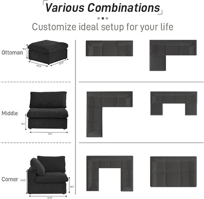 Cloud Modular Sectional Sofa for Livingroom,Large Down Filled Comfort Corner Sectional Sofa Couch with Ottoman,Wide Deep Seat Convertible Couches for Office Apartment,V Shaped,Black