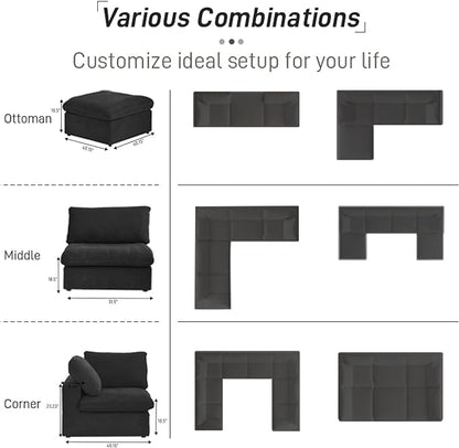 Cloud Couch Modular Sectional Sofa,160.6" L Shaped Convertible Sectional Sofas with Storage Ottoman for Living Room,Minimalist Deep 5 Seater, Covers Washable&Replaceable(Black)