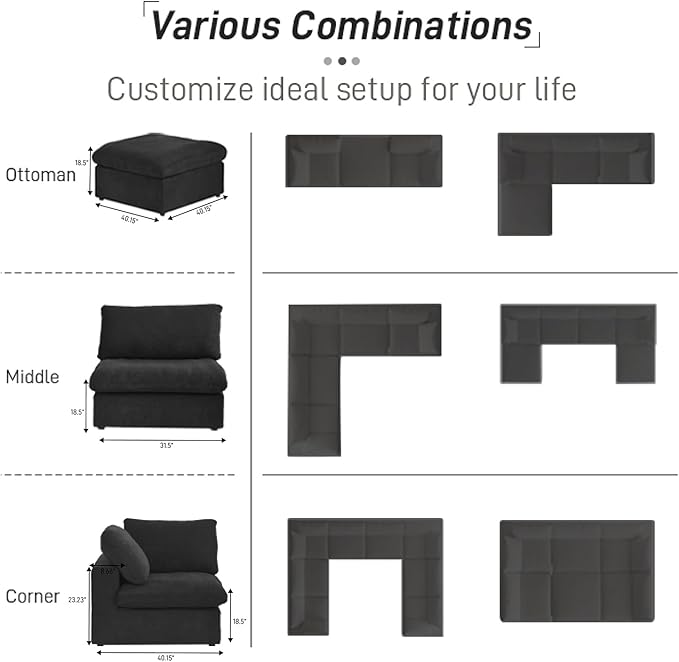 Cloud Couch Modular Sectional Sofa with Storage Ottoman,L Shaped Couch for Living Room,80.3" inch Down Filled 3 Seater Convertible Sectional Sofas for Office Apartment (Black)