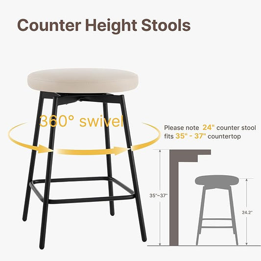 Swivel Bar Stools Set of 6, 24" Counter Height Bar Stool, Backless Barstools with Faux Leather Upholstered Seat&Sturdy Wood Legs for Kitchen Island, Beige