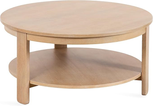 Kate and Laurel Foxford Tiered Round Coffee Table; 34 x 34 x 17; Light Natural; Transitional Two-Tier Circle Living Room Table with Storage and Resilient Wood Construction