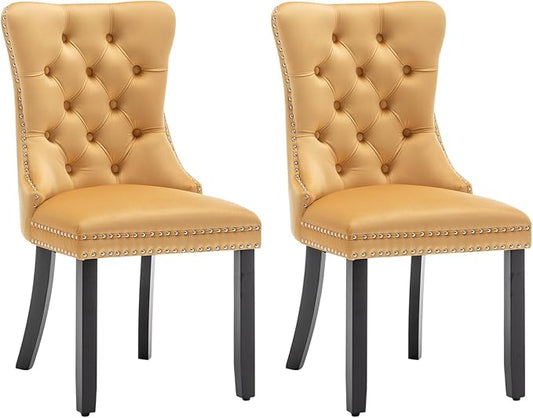 Velvet Dining Chairs Set of 2, Tufted Dining Room Chairs with Nailhead Ring Pull Trim, Upholstered Dining Chairs with Solid Wood Legs for Kitchen Dining Room (Gold)