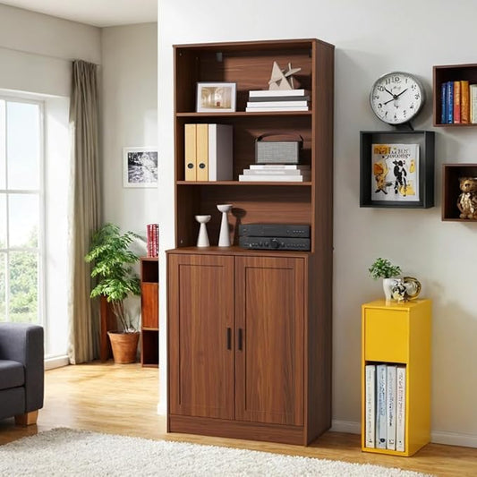 75" Tall Bookcase with Doors, 5 Tier Large Bookshelf with Cabinet, Standing Wood Display Book Shelf for Living Room, Office, Library with Doors, Brown
