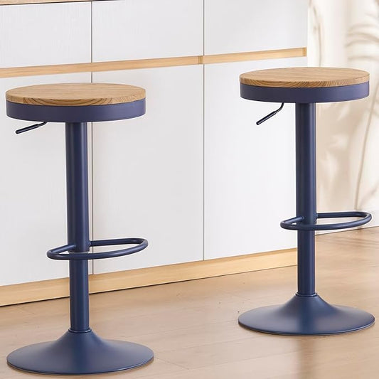 Kidol & Shellder Bar Stools Set of 6 Round Adjustable Swivel Barstools Modern Backless Bar Chairs Wooden Seat Counter Height Stools Armless for Kitchen Island, Cafe, Dining Room Blue