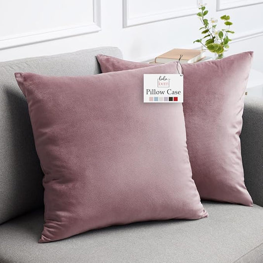 lalaLOOM Velvet Throw Pillow Covers, Set of 2, 18x18 Decorative Square Pillows Home Decor, Soft Accent Cases, Silky Machine Washable Pillowcases for Sofa, Couch, Bedroom, Living Room, Dusty Rose