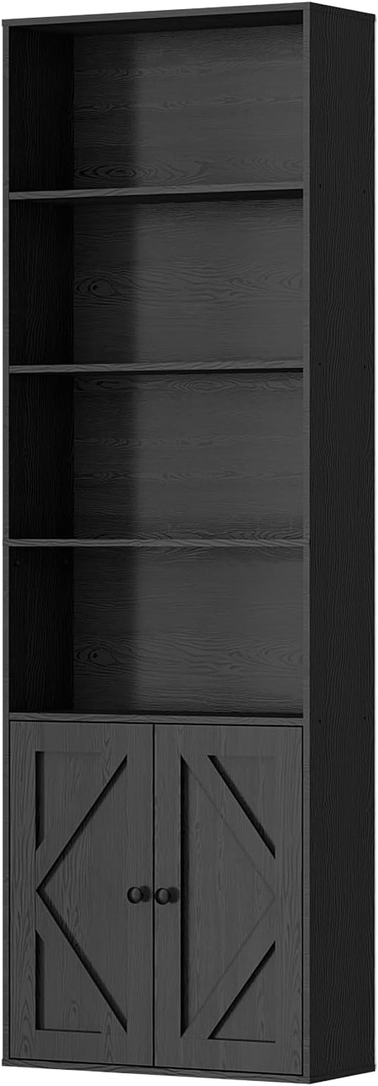 Bookshelf, 6-Tier Floor Bookcase with 2 Bottom Doors, 9.29"x23.62"x70.86", Storage Cabinet Bookshelves for Home Office, Living Room, Bedroom-Black