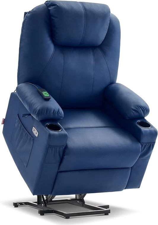 MCombo Dual Motor Large Power Lift Recliner Chair for Elderly, Lay Flat Lift Chair with Heat and Massage, Big Lift Recliner for Tall People, Faux Leather 7815 (Blue, Large)