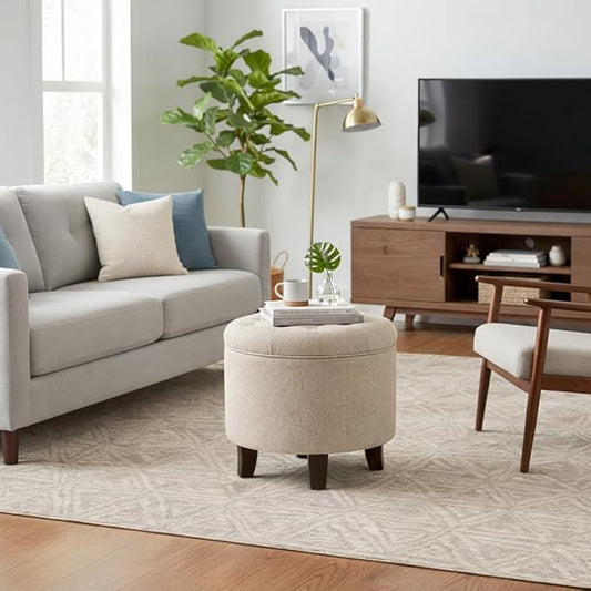 Homepop Home Decor Upholstered Round Tufted Foot Rest Ottoman Ottoman with Storage for Living Room & Bedroom Decorative Home Furniture, Twine Small