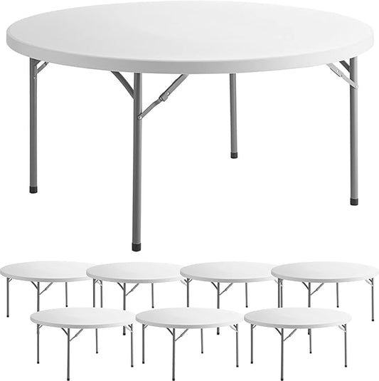 8 Pack 60" Round Granite White Plastic Folding Table - Heavy Duty Banquet, Party, Wedding Table - 5-Foot