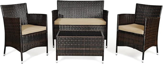 COSTWAY 4PCS Rattan Patio Furniture Set, Outdoor Wicker Rattan Chairs with Coffee Table, Rattan Cushioned Conversation Set for Backyard Balcony Porch Poolside, Brown
