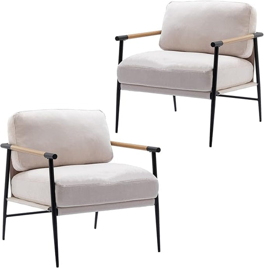 DUOMAY Mid-Century Modern Accent Chairs Set of 2 - Soft Linen Upholstered Lounge Reading Chair for Bedroom - Comfy Lightweight Livinig Room Chairs - Beige