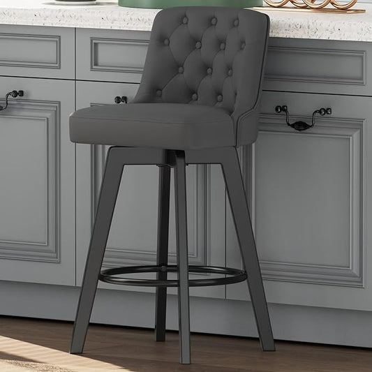 MINCETA Bar Stool, PU Leather Barstool, 30 Inch Upholstered Counter Stool with Low Tufted Back and Footrest, Swivel Counter Height Barstool for Kitchen Island Home Bar Dark Gray