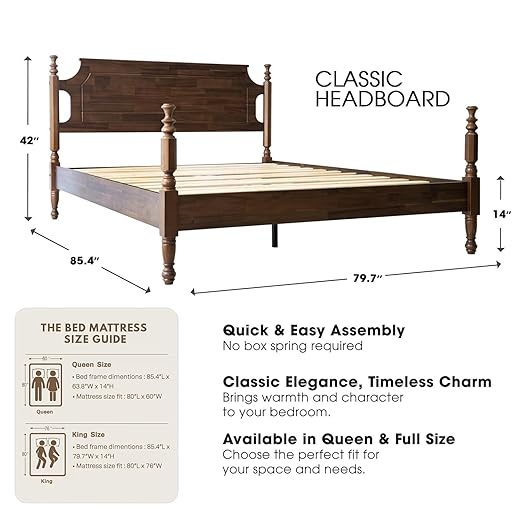 King Size Platform Bed Frame with Headboard & Footboard, Center Metal Legs with Solid Wood 12 Sturdy Slatted, Easy Assembly, No Box Spring Needed, Anti-Noise & Slip-Free, Walnut Finish, ROK-37