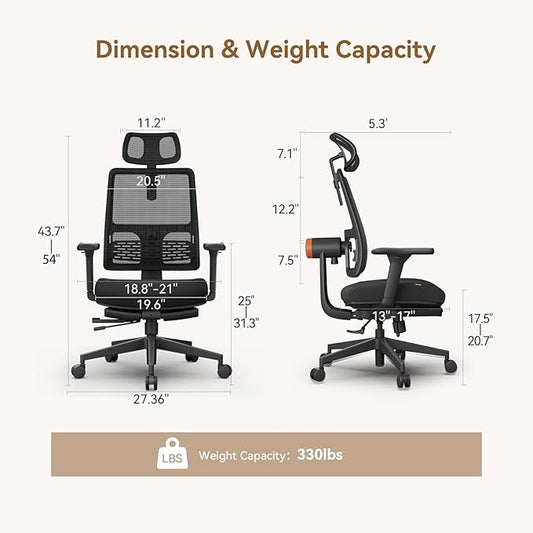Newtral Office Chair Ergonomic with Footrest, Auto-Following Lumbar Support, High Back Desk Chair with 4D Armrest,136° Tilt Lock, Adjustable Seat Depth & Height (2D Headrest, Black)