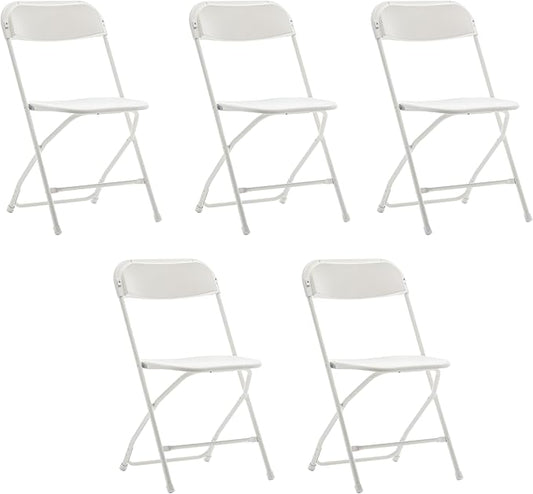 BTEXPERT Set of 5 Pack, White Plastic Folding Chair Steel Frame Commercial High Capacity Event Chair Lightweight Set for Office Wedding Party Picnic Kitchen Dining Church School