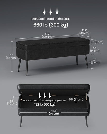 VASAGLE EKHO Collection - Storage Ottoman Bench, Entryway Bedroom Bench, 15 Gallons, Synthetic Leather with Stitching, Mid-Century Modern, Safety Hinges, Loads 660 lb, Ink Black ULOM074B01