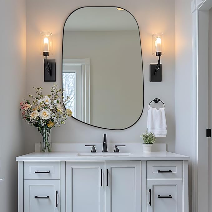 ANDY STAR 24"x36" Black Bathroom Mirror, Irregular Wall Mirror in Stainless Steel Metal Frame, Modern Matte Black Finish with Curved Edge Design, Wall-Mount Vertically or Horizontally