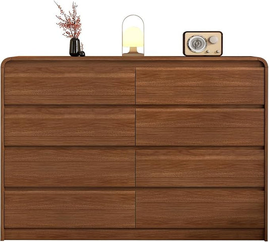 8 Drawer Dresser For Bedroom 55 Inch Wood Chest of Drawers - Curved Anti Collision, Mid Century Dresser For Closet with Natural Texture & Pre-Embedded Slots for TV Stand, Living Room, Nursery