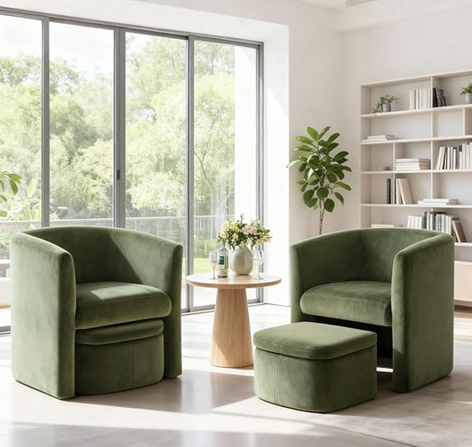 Mid-Century Velvet Living Room Chair Set of 2 with Storage Ottoman, Space-Saving Accent Chairs for Bedroom/Reading Spaces/Office, Green