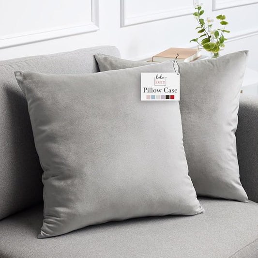 lalaLOOM Velvet Throw Pillow Covers, Set of 2, 20x20 Decorative Square Pillows Home Decor, Soft Accent Cases, Silky Machine Washable Pillowcases for Sofa, Couch, Bedroom, Living Room, Light Gray
