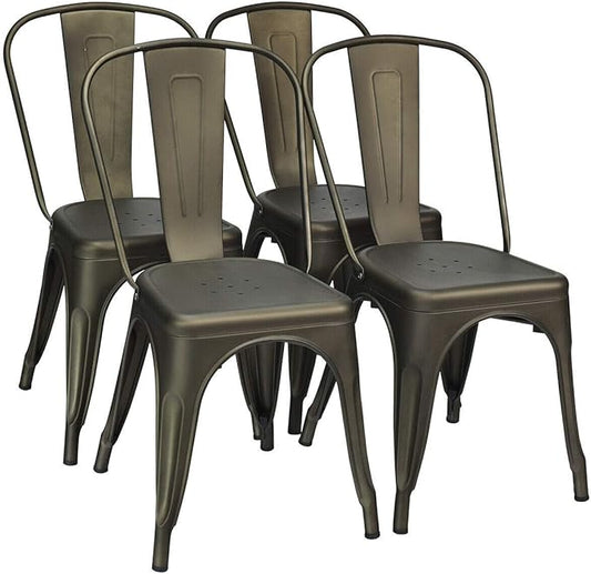 COSTWAY 18 Inch Dining Chair Set of 4, Industrial Vintage Stackable Metal Chairs, Outdoor Indoor Stools with Detachable High Backrest for Home, Kitchen and Cafe Bar Use