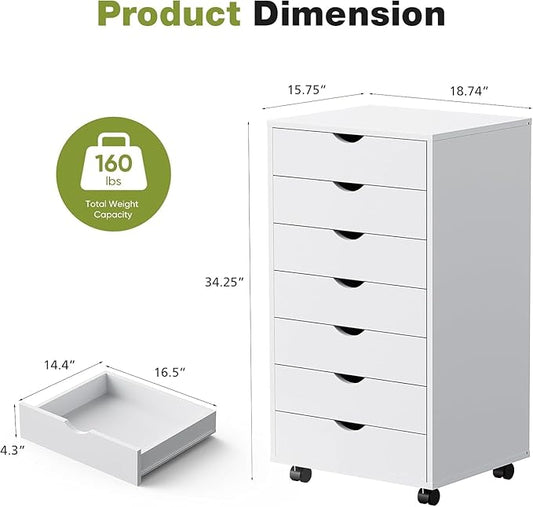 7 Drawer Chest, Storage Cabinet Dressers with Wheels, Dressers Storage Cabinets, Dresser Mobile Cabinet with Wheels, Room Organizer, Small Drawers Wood Organization Furniture for Office, Home, White