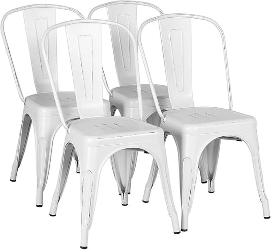 Yaheetech Metal Dining Chairs Set of 4, Industrial Stackable Kitchen Chairs with Back for Dining Room/Restaurant/Bistro/Patio, Indoor & Outdoor Use, Distressed White