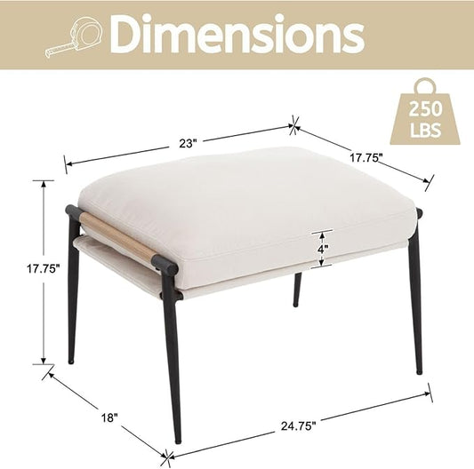 LukeAlon Upholstered Chenille Footstool, Modern Ottoman Footrest Small Shoe Stool with Black Metal Legs Mid Century Vanity Stool with Wooden Armrests for Living Room Entrance Cushion Removable, Beige